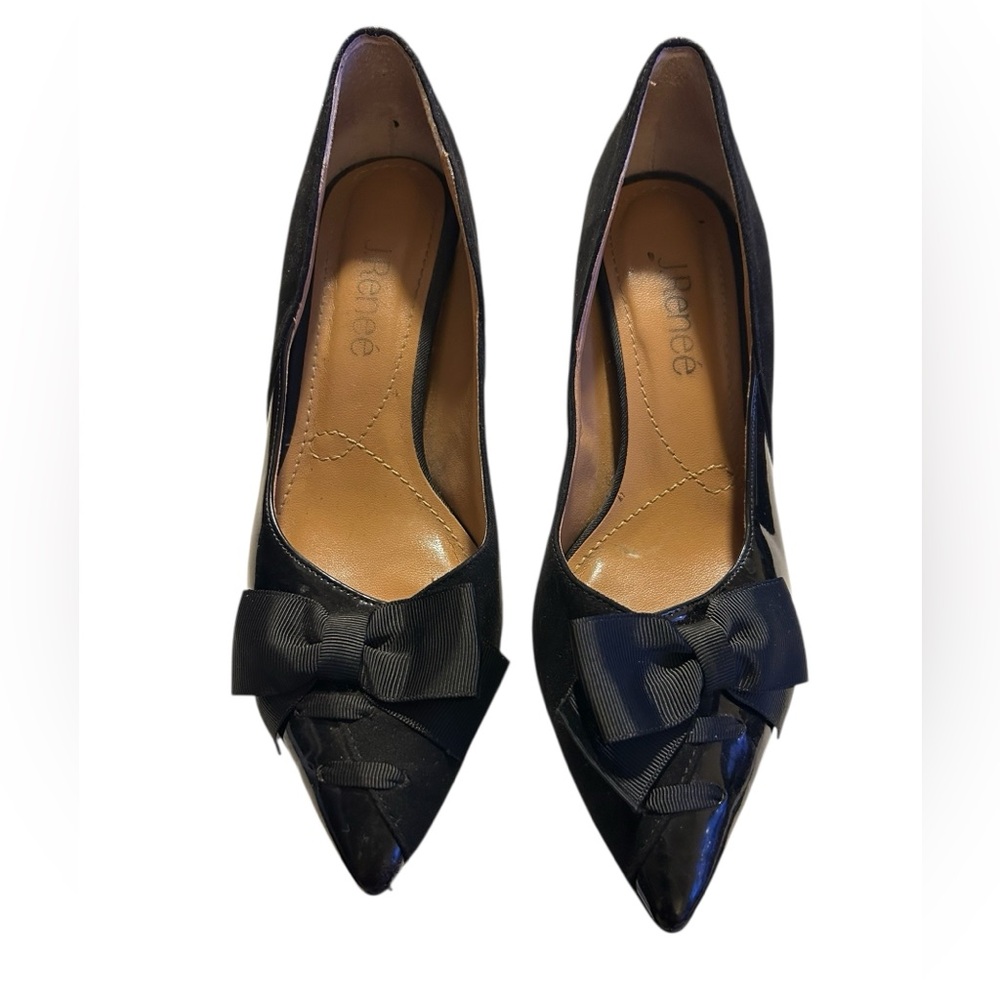J. Renee Black Patent Leather & Suede Pumps with Lace Bow Details Size 7 - Picture 4 of 8